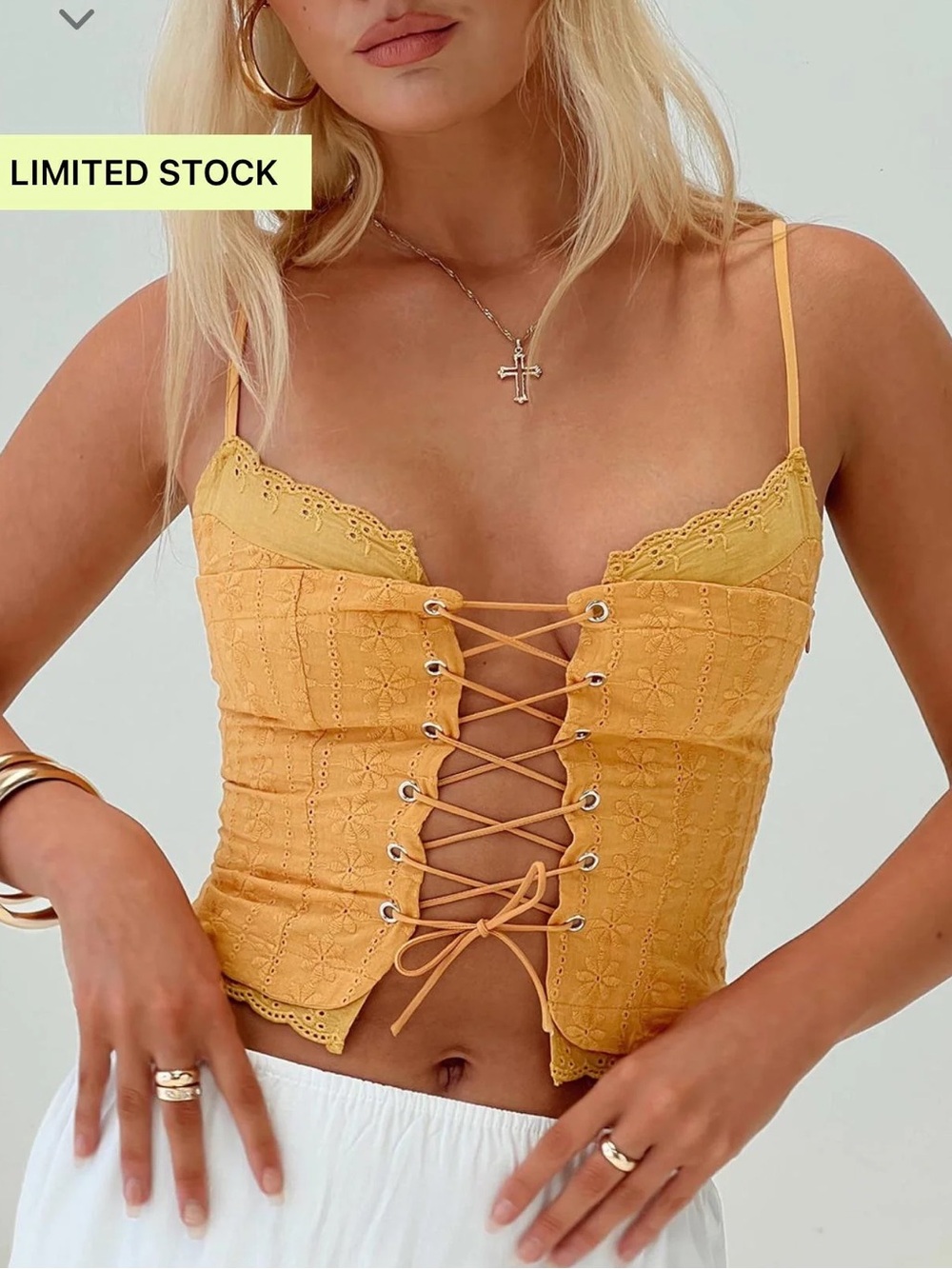 Princess Polly Mustard Lace-Up Embroidered Cami
